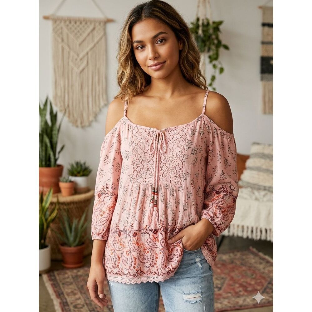 Angie size S boho festival tassels crocheted chest floral
